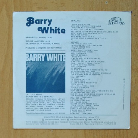 BARRY WHITE - BEWARE / RIO DE JANEIRO - PROMO SINGLE