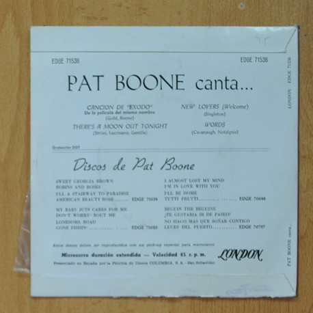 PAT BOONE - CANCION DE EXODO + 3 - EP