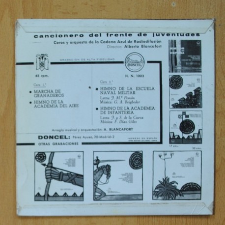 CANCIONERO DEL FRENTE DE JUVENTUDES - MARCHA DE GRANADEROS + 3 - EP