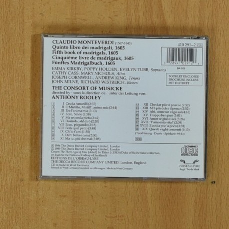 MONTEVERDI - QUINTO LIBRO DEI MADRIGALI - CD