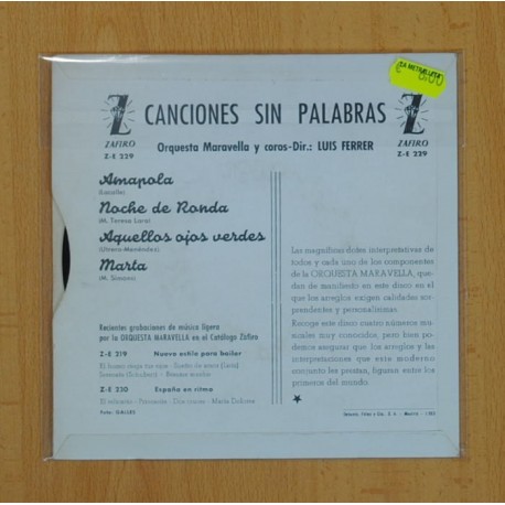 ORQUESTA MALAVELLA - CANCIONES SIN PALABRAS - AMAPOLA + 3 - EP