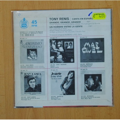 TONY RENIS - GRANDE, GRANDE, GRANDE / UN HOMBRE ENTRE LA GENTE - SINGLE