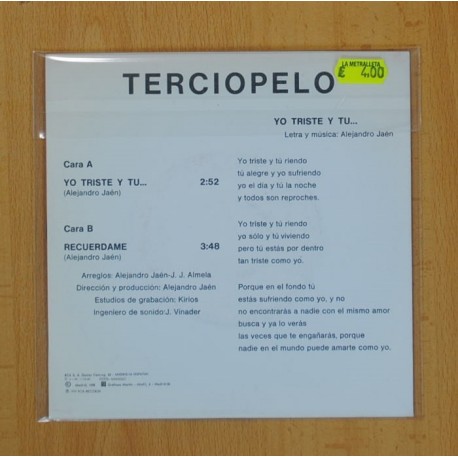 TERCIOPELO - YO TRISTE Y TU... / RECUERDAME - SINGLE