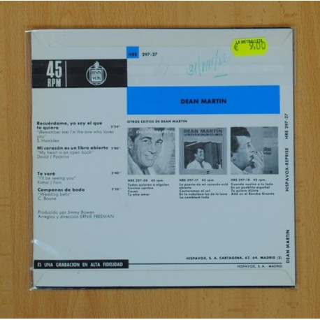 DEAN MARTIN - RECUERDAME YO SOY EL QUE TE QUIERE + 3 - EP