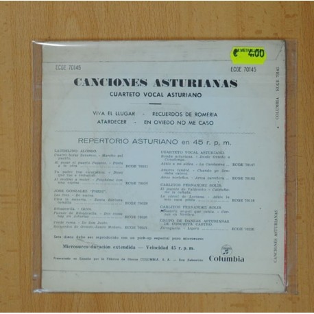 CANCIONES ASTURIANAS - CUARTETO VOCAL ASTURIANO - VIVA EL LLUGAR - SINGLE