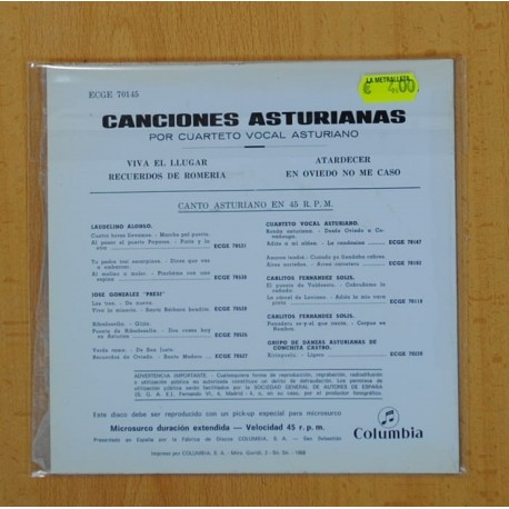 CUARTETO VOCAL ASTURIANO - VIVA EL LLUGAR + 3 - EP