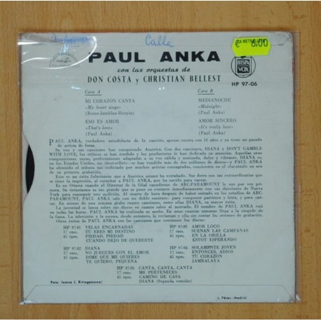 PAUL ANKA - MI CORAZON CANTA + 3 - EP