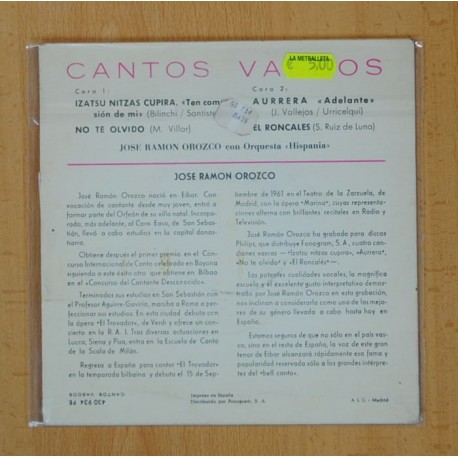 JOSE RAMON OROZCO - CANTOS VASCOS - NO TE OLVIDO + 3 - EP