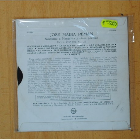 JOSE MARIA PEMAN - NOCTURNO A MARGARITA + 11 POEMAS - EP