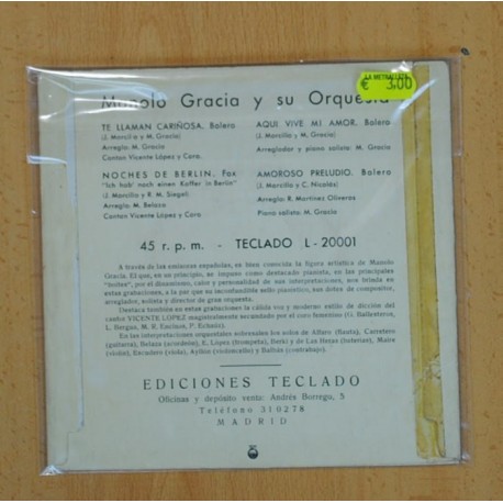MANOLO GRACIA Y SU ORQUESTA - TE LLAMAN CARIÃOSA + 3 - EP