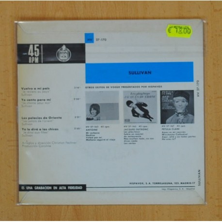 SULLIVAN - VUELVO A MI PAIS / YO CANTO PARA MI - SINGLE