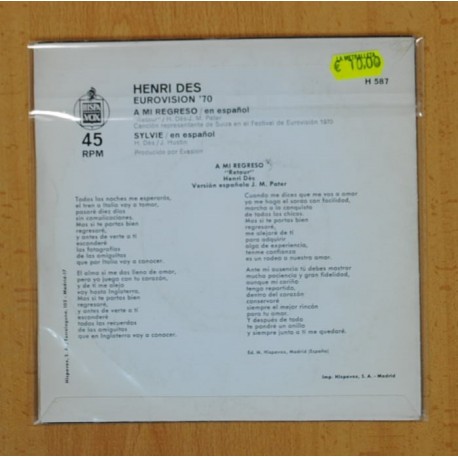 HENRI DES - A MI REGRESO / SYLVIE - SINGLE