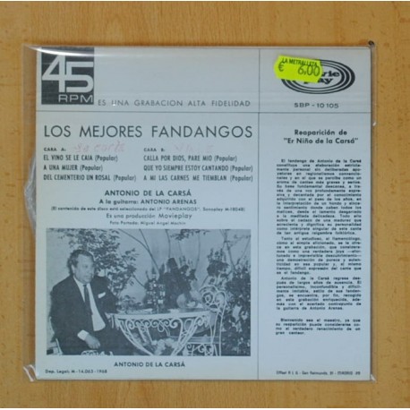 ANTONIO DE LA CARSA LOS MEJORES FANDANGOS - EL VINO SE LE CAIA + 5 - EP