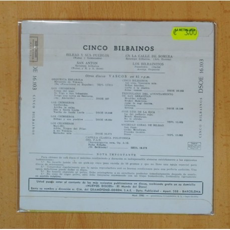 CINCO BILBAINOS CANCIONES VASCAS - BILBAO Y SUS PUEBLOS + 3 - EP