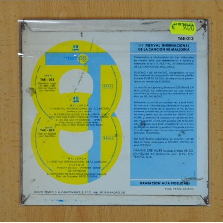 HANNELORE AUER / EUGENIO / DE RAYMOND (FESTIVAL INTERNACIONAL DE LA CANCION DE MALLORCA) - MI CORAZON QUEDO EN MALLORCA + 2 - EP