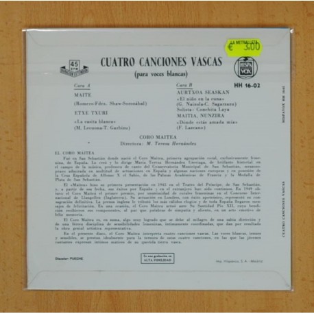 CUATRO CANCIONES VASCAS CORO MAITEA - MAITE ETXE TXURI + 3 - EP