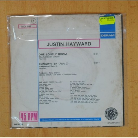 JUSTIN HAYWARD - ONE LONELY ROOM / SONGWRITER - SINGLE