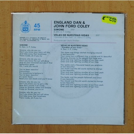 ENGLAND DAN & JOHN FORD COLEY - SIMONE / VELAS DE NUESTRAS VIDAS - SINGLE