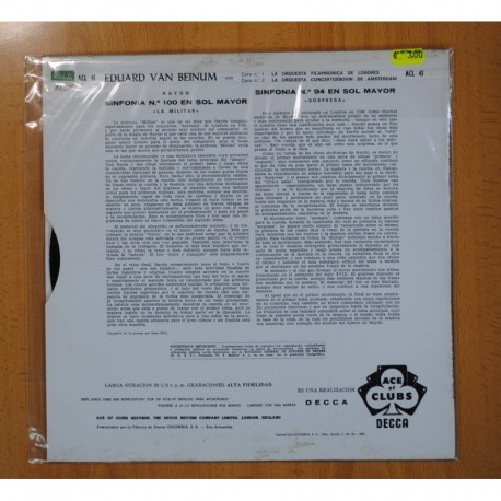EDUARD VAN BEINUM - HAYDN SINFONIA NÅ 94 EN SOL MAYOR, SORPRESA... - LP