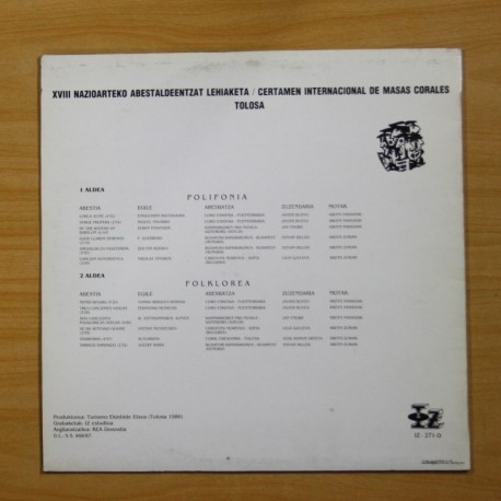 VARIOS - XVIII NAZIOARTEKO ABESTALDEENTZAT LEHIAKETA TOLOSA 1986 - LP