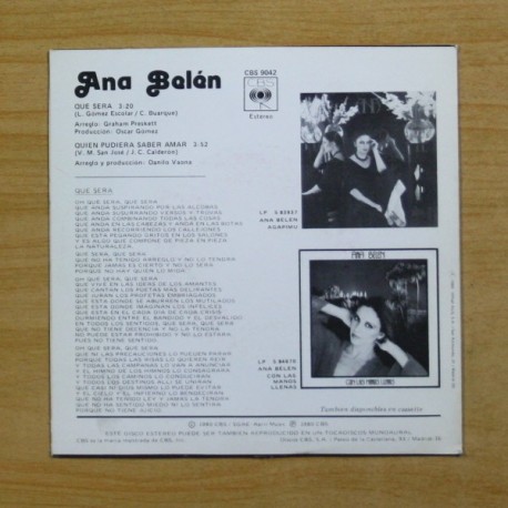 ANA BELEN - QUE SERA / QUIEN PUDIERA SABER AMAR - SINGLE