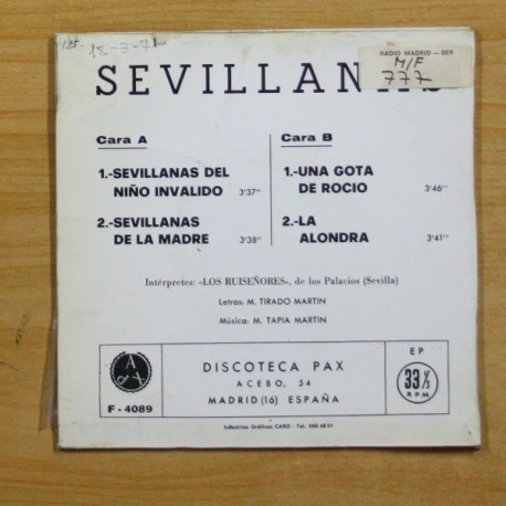 RUISEÃORES DE LOS PALACIOS - SEVILLANAS DEL NIÃO INVALIDO + 3 - EP