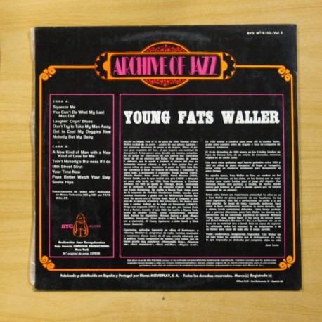 FATAS WALLER - YOUNG FATS WALLER ARCHIVE OF JAZZ VOLUMEN 8 - LP