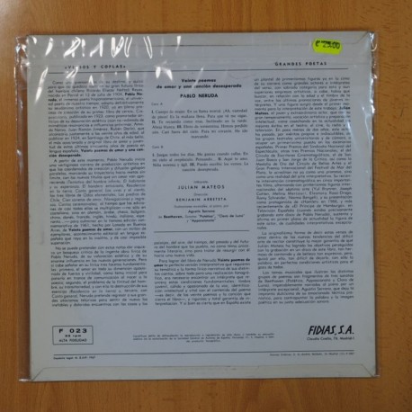 JULIAN MATEOS - PABLO NERUDA VEINTE POEMAS DE AMOR Y UNA CANCION DESESPERADA - LP