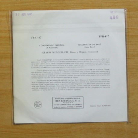 KLAUSS WUNDERLIGH - CONCIERTO DE VARSOVIA / RECUERDO DE UN BAILE - SINGLE