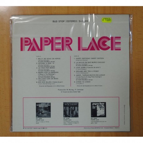 PAPER LACE - BILLY NO SEAS UN HEROE, LA NOCHE EN QUE MURIO CHICAGO - LP