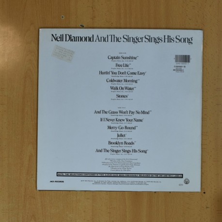 NEIL DIAMOND - NEIL DIAMOND AND THE SINGER SINGS HIS SONG - LP