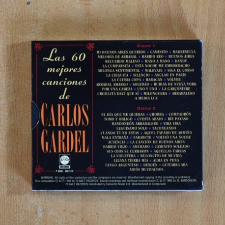 CARLOS GARDEL - LAS 60 MEJORES CANCIONES DE CARLOS GARDEL - CD