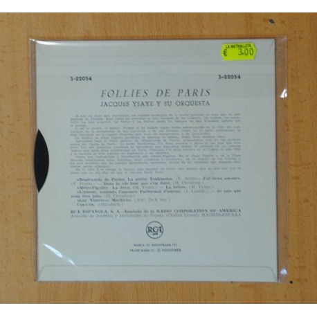 JACQUES YSAYE Y SU ORQUESTA - FOLLIES DE PARIS - EP