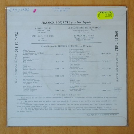 FRANCK POURCEL Y SU GRAN ORQUESTA - PETITE FLEUR + 3 - EP
