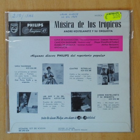 ANDRE KOSTELANETZ Y SU ORQUESTA - MUSICA DE LOS TROPICOS - LUNA DE MANAKOORA + 3 - EP