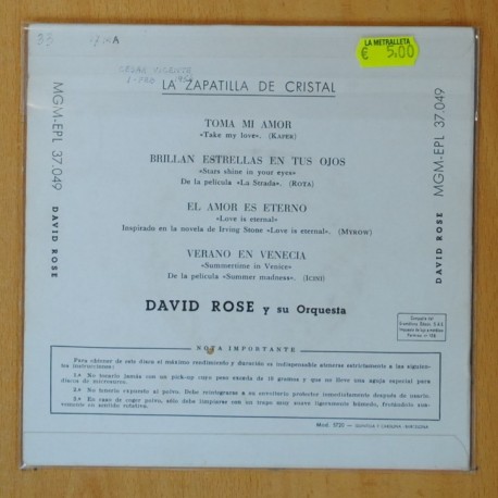 DAVID ROSE Y SU ORQUESTA - LA ZAPATILLA DE CRISTAL B.S.O. - TOMA MI AMOR + 3 - EP