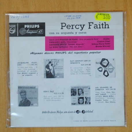 PERCY FAITH - BAJO LOS PUENSTES DE PARIS + 3 - EP