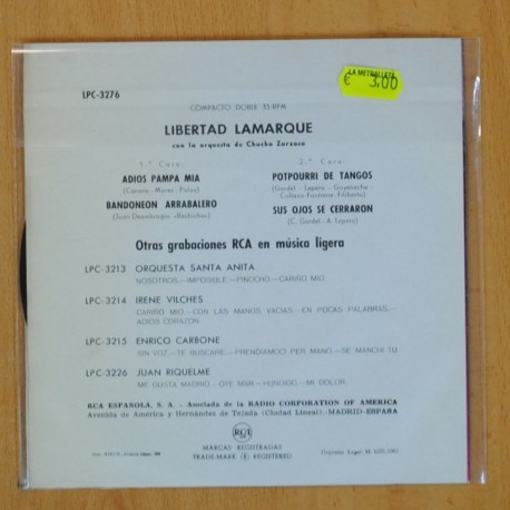 LIBERTAD LAMARQUE - ADIOS PAMPA MIA + 3 - EP