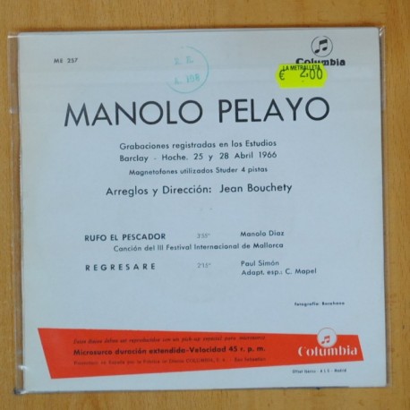 MANOLO PELAYO - REGRESARE / RUFO EL PESCADOR - SINGLE