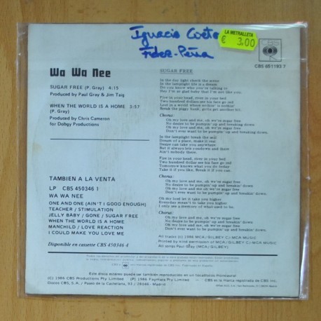 WA WA NEE - SUGAR FREE / WHEN THE WORLD IS A HOME - SINGLE
