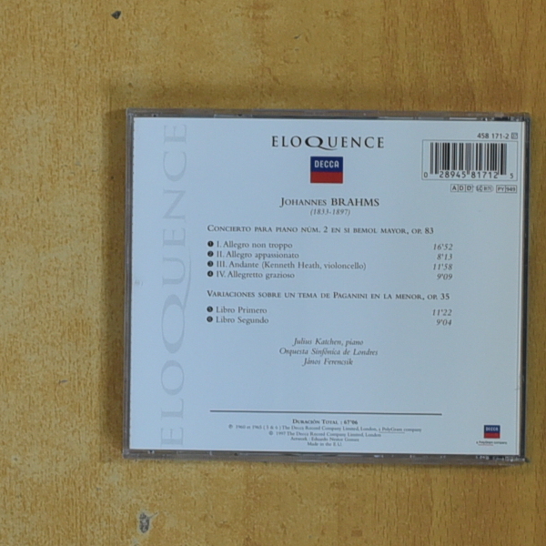 BRAHMS - CONCIERTO PARA PIANO NUM 2 - CD