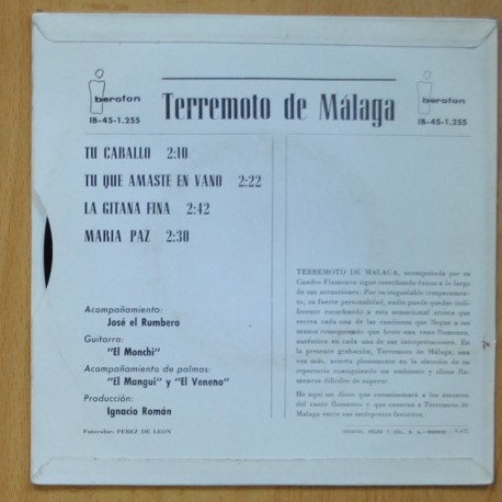 TERREMOTO DE MALAGA - TU CABALLO / TU QUE AMASTE EN VANO / LA GITANA FINA / MARIA PAZ - EP