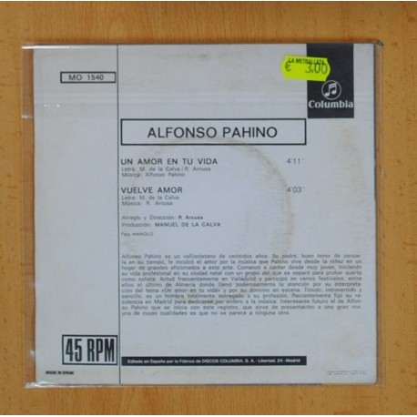 ALFONSO PAHINO - VUELVE AMOR / UN AMOR EN TU VIDA - SINGLE