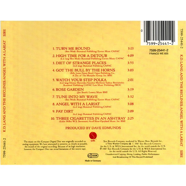 K.D. LANG AND THE RECLINES - ANGEL WITH A LARIAT - CD (1)