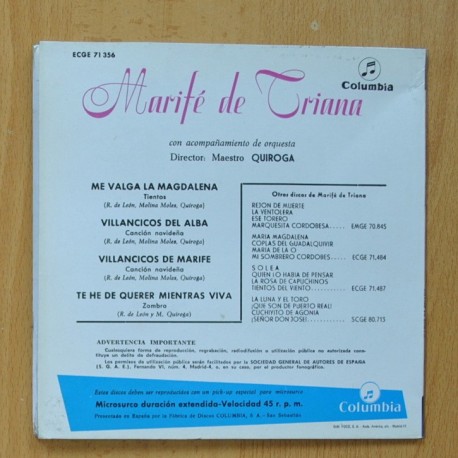 MARIFE DE TRIANA - ME VALGA LA MEGDALENA/VILLANCICOS DEL ALBA, DE MARIFE /TE HE DE QUERER MIENTRAS VIVA - EP