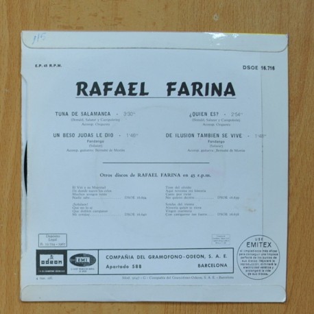 RAFAEL FARINA - TUNA DE SALAMANCA / UN BESO JUDAS LE DIO / ¿ QUIEN ES ? / DE ILUSION TRAMBIEN SE VIVE - EP
