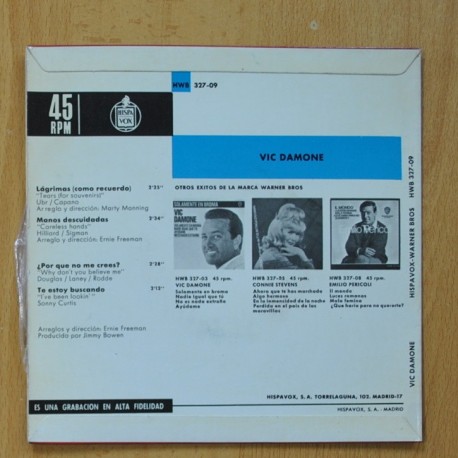 VIC DAMONE - LAGRIMAS / MANOS DESCUIDADAS / ¿ POR QUE NO ME CREES ? / TE ESTOY BUSCANDO - EP