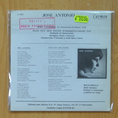 JOSE ANTONIO - NIÑA LLORONA / ALGO HAY QUE HACER - CON HOJA DE PRENSA - SINGLE