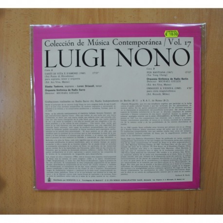 LUIGI NONO - CANTI DI VITA E D AMORE / PER BASTIANA / OMAGGIO A VEDOVA / COLECCION DE MUSICA CONTEMPORANEA VOL. 17 - LP