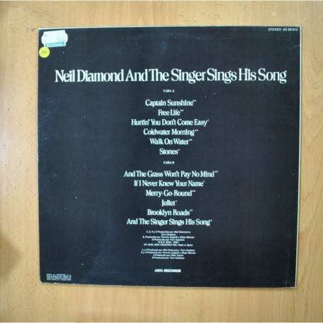 NEIL DIAMOND - AND THE SINGER SINGS HIS SONG - LP